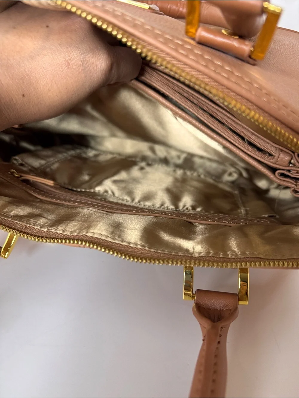 Joy & Iman Peach-Tan Dome Satchel with Gold Hardware